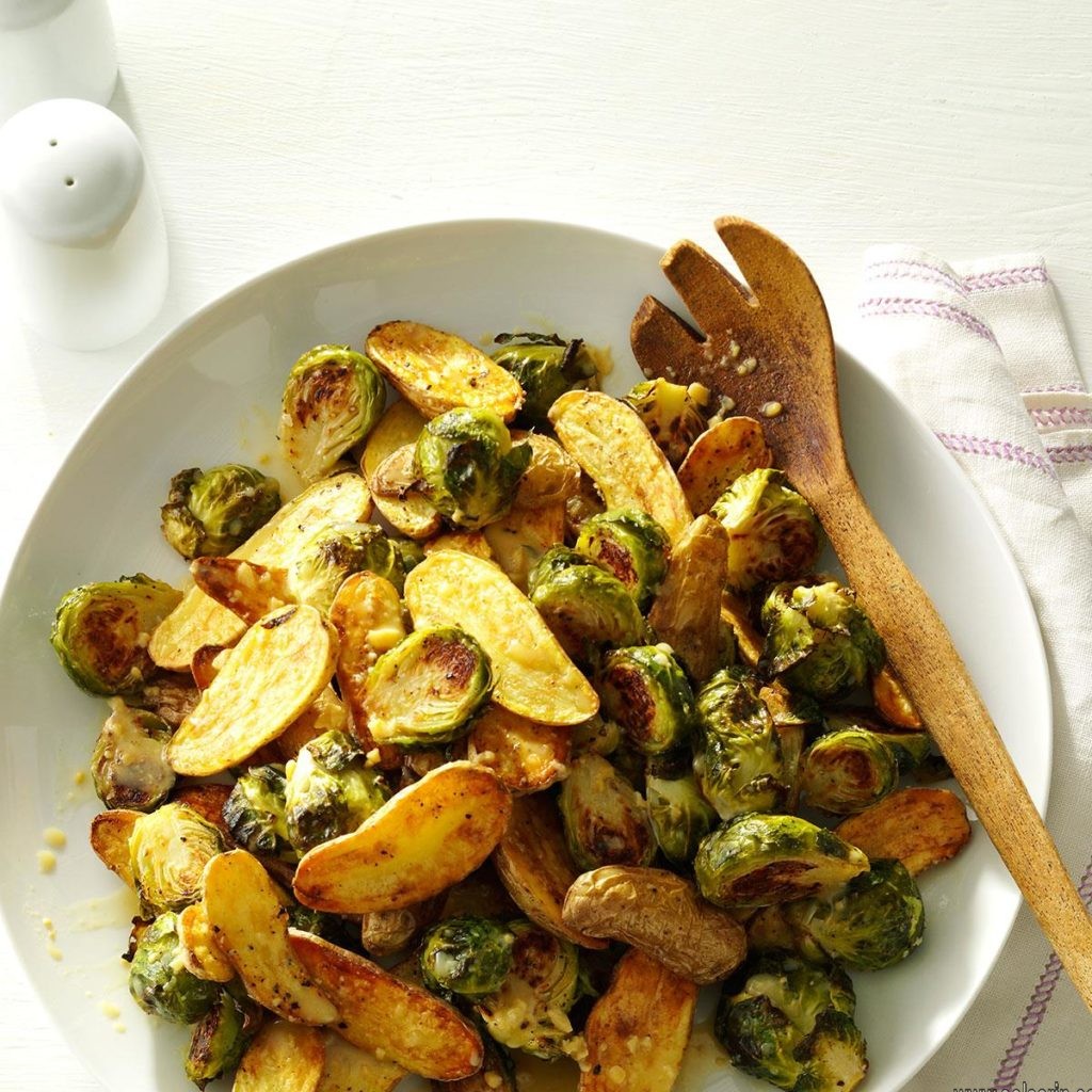 roasted potatoes and brussel sprouts